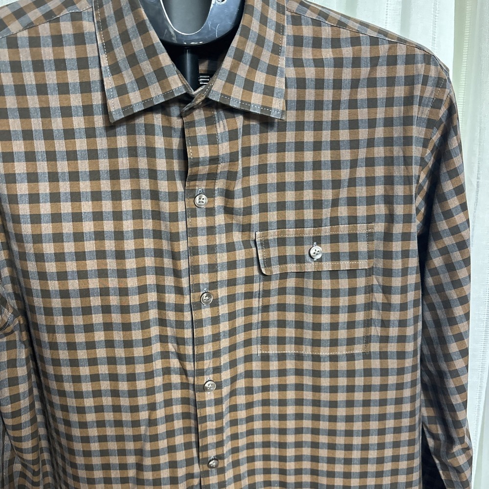 Van Heusen Mens Button Down‎ Dress Shirt Plaid Brown Size M 15/15.5 Preppy